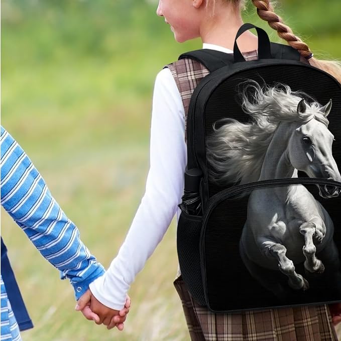 White Horse Backpack for Boys, Kids Travel Backpack Set for Girls Teens, 4 PCS School Backpacks Lightweight Middle School Bag Bookbag with Lunch Box and Pencil Case Water Bottle Bag, Black - Image 7