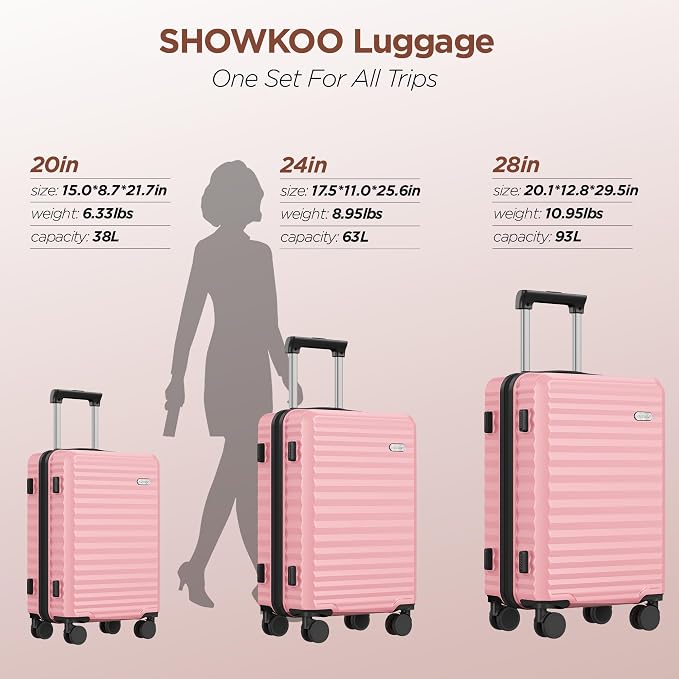 SHOWKOO Luggage Sets 3 Piece Hardside Expandable Suitcase with Double Spinner Wheels Tsa Lock Pink (20in/24in/28in) - Image 9