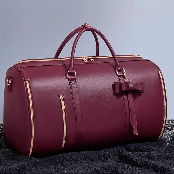 Garment Bags for Travel, Convertible Suit Travel Bag for Women, Cute Carry On Garment Bag w/Shoes Pouch, 2 in 1 Foldable PU Leather Hanging Duffle Bag, Single-Zipper Design, Sangria - Image 9