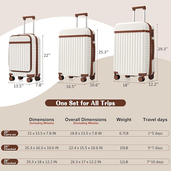 Hardshell Luggage, Lightweight Suitcase with Spinner Wheels, WHITE BROWN+USB - Image 6