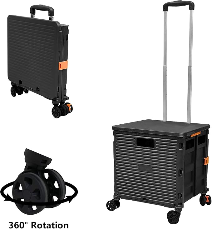Foldable Utility Cart Portable Rolling Crate Handcart Shopping Trolley Collapsible 4 Rotate Wheels with Durable Heavy Duty Plastic Telescoping Handle for Travel Shopping Moving Storage Office Use - Image 8