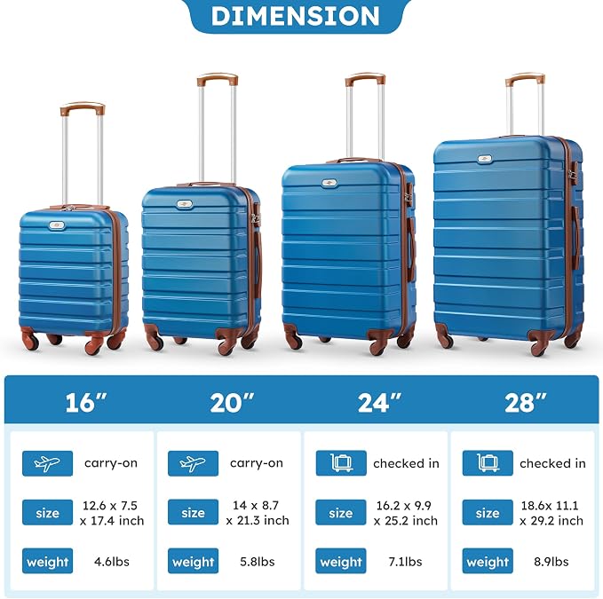 Suitour 4 Piece Luggage Sets, Hard Shell Suitcase Set with Spinner Wheels 16 20 24 28inch Travel Sets(Blue Brown) - Image 9