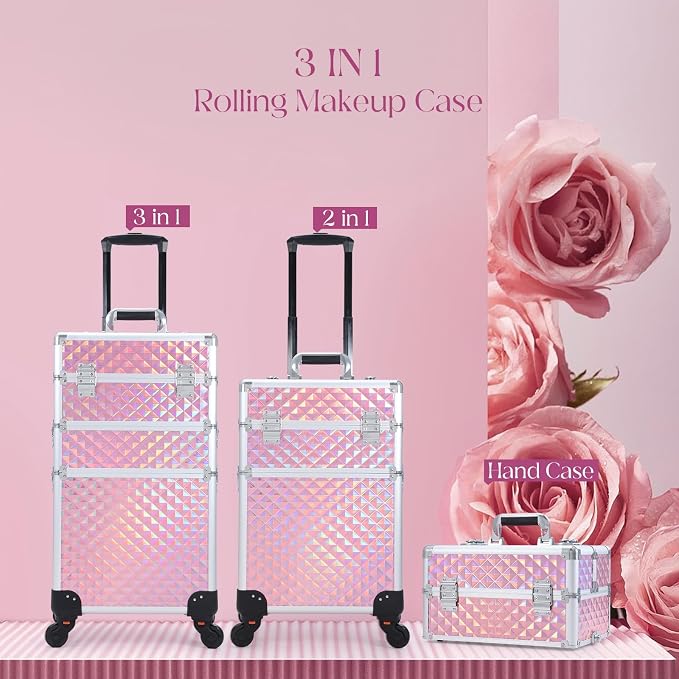 Faquenc Rolling Makeup Train Case 3 in 1 Cosmetology Case on Wheels Makeup Organizers Nail Tech Storage Cart Cosmetic Trolley Travel Barber Suitcase for Make up Manicure Hair Lockable, Shiny Pink - Image 7