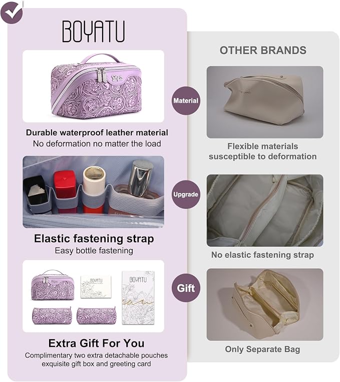 BOYATU Travel Makeup Bags Cosmetic Organizer Bag: 3 Pcs Set Large Capacity Floral Make up Bag with Compartments - Waterproof Leather Toiletry Bags with Handle for Women (21-Purple) - Image 8