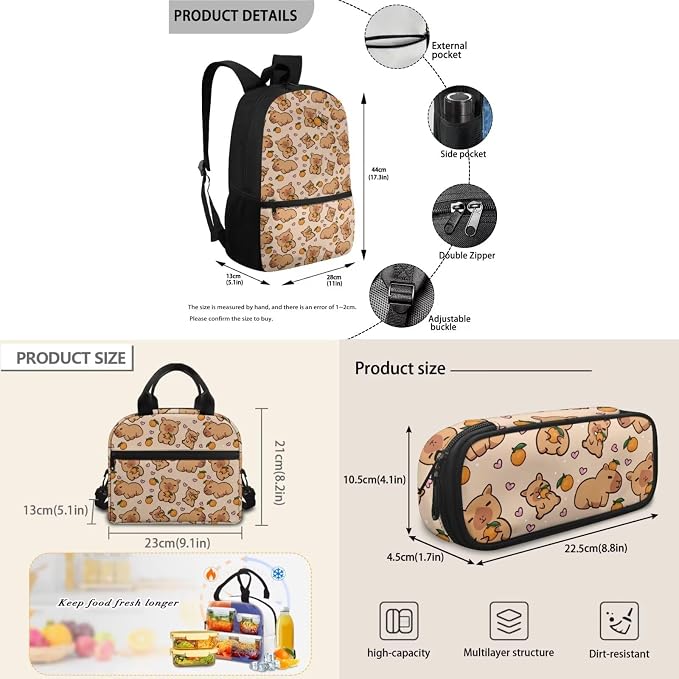 Capybara Orange 3PCS Backpack Set Kids Schoolbag Sets with Lunch Bag Pencil Bag Cute Students Bookbags Girls Boys Lightweight Knapsack Back to School Supplies - Image 7