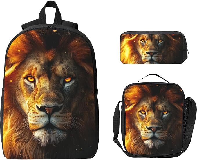 Lion Kid Backpack Set with Lunch Bag & Pencil Case Large Capacity School Bag 17 Inch Bookbag for Boy Girl - Image 8