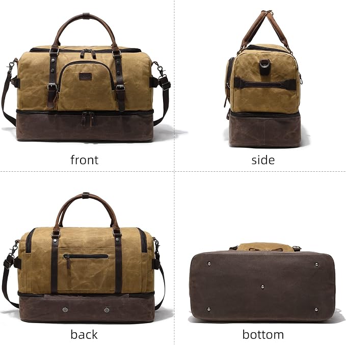 Nerlion Weekender Bag with Shoe Compartment Large Overnight Bag for Men Canvas Genuine Leather Carry on Luggage Bag Travel Duffel Bag(Brown) - Image 9