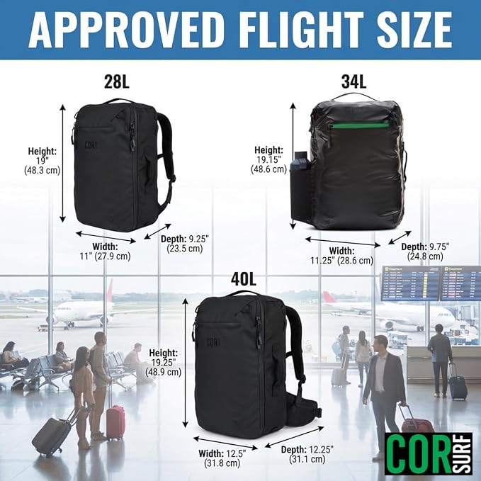 COR Surf Carry On Travel Backpack Bundle | Island Hopper Travel Backpack with Toiletry Bag and Compression Packing Cube Set (40L, Black) - Image 9