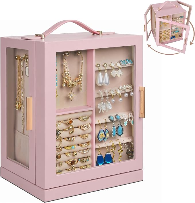 360° Rotating 5‑Drawers Jewelry Box with Top Handle & Glass Window, Spacious Vertical Jewelry Organizer, Jewelry Storage Case, Dustproof & Moisture‑resistant Design. (Pink) - Image 8