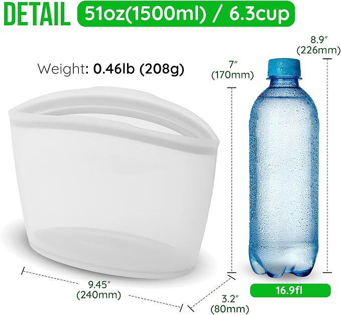 Reusable Silicone Food Storage Bag, 6 Cups, Large Container, Made in Korea BPA-Free Platinum Silicone, Triple-Airtight Freezer Bag, Microwave Safe, Sous Vide, Meal Prep, 51oz, White - Image 7