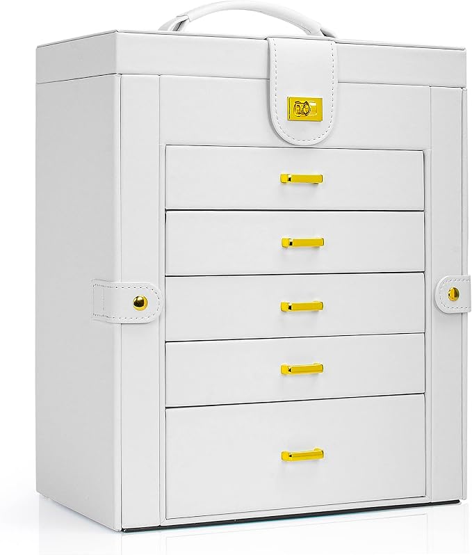 AKOZLIN 6-Tier Jewelry Box Organizer Functional 5 Drawers Leather Jewelry Storage Case for Women Girls Ring Necklace Earring Bracelet Holder Organizer with Mirror White Large - Image 8