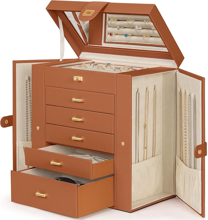 AKOZLIN 6-Tier Jewelry Box Organizer Functional 5 Drawers Leather Jewelry Storage Case for Women Girls Ring Necklace Earring Bracelet Holder Organizer with Mirror Extra Large Orange - Image 8