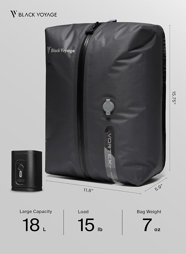 Black Voyage Reusable Vacuum Compression Travel Bag for Carry-On Suitcase and Backpack, Recycled IPX8 Waterproof Space Saver Vacpack (2-Pack, 18L - Pump Included) - Image 9