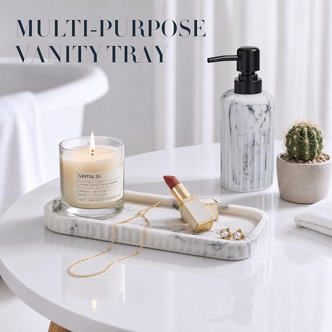INIUNIK Bathroom Accessory Set, 6 Pieces, Marble White | Resin, Bathroom Accessories Set, with Soap Dispenser Set, Toothbrush Holders, Tumbler, Vanity Tray & 2 Qtip Holder - Image 8