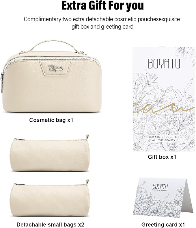 BOYATU Travel Makeup Bag Cosmetic Bags for Women: Large Capacity 3 Pcs Set Make up Bag with Compartments - Waterproof Vegan Leather Toiletry Organizer Bags with Handle (L27Off-white) - Image 6