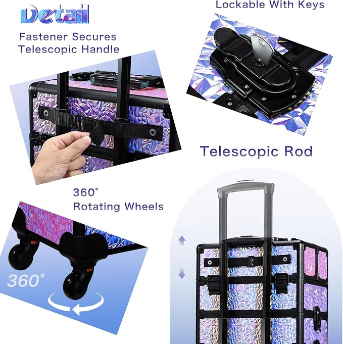 Stagiant Rolling Makeup Case Cosmetology Case on Wheels 4 in 1 Makeup Travel Case Extra Large Cosmetic Box with Key Make Up Artist Traveling Storage Nail Case Salon Barber Cart Trunk Shiny Purple - Image 8