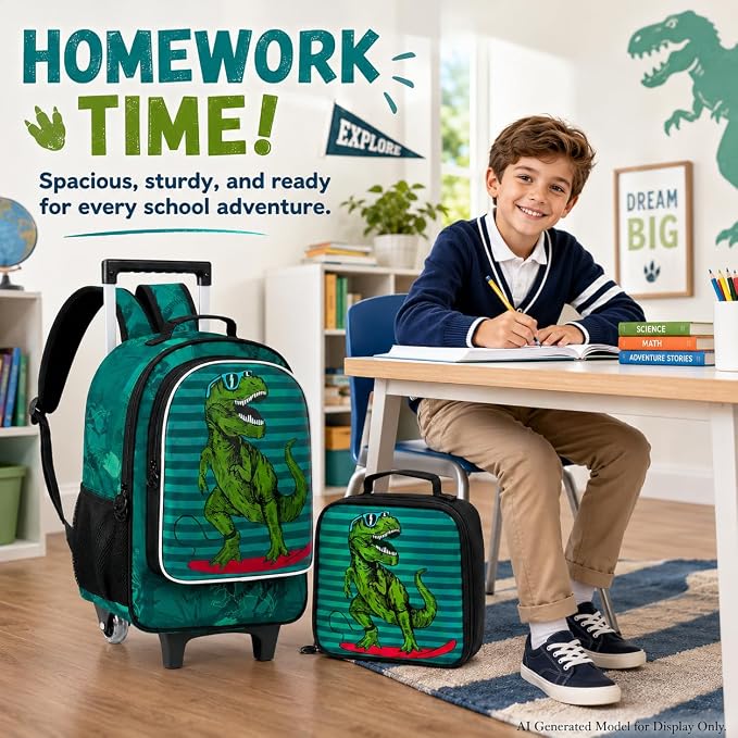 AGSDON 3PCS Rolling Backpack for Girls Boys, Kids Roller Wheels Bookbag, Wheeled School Bag with Lunch Bag - Image 9
