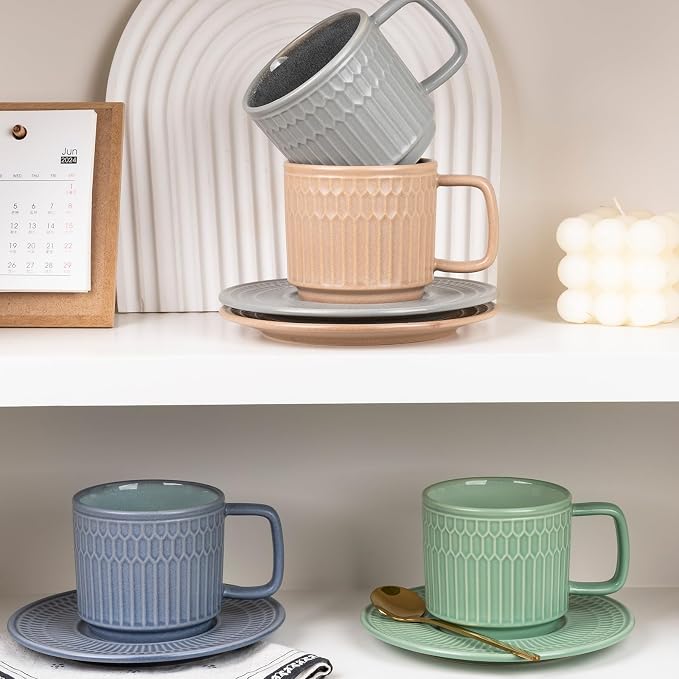 8oz Cappuccino Cups with Saucers Set of 4, 8 Ounce Stackable Embossed Ceramic Coffee Mugs for Specialty Coffee Drinks, Latte Mugs, Cafe Mocha and Tea, Dishwasher & Microwave Safe (Mix) - Image 7