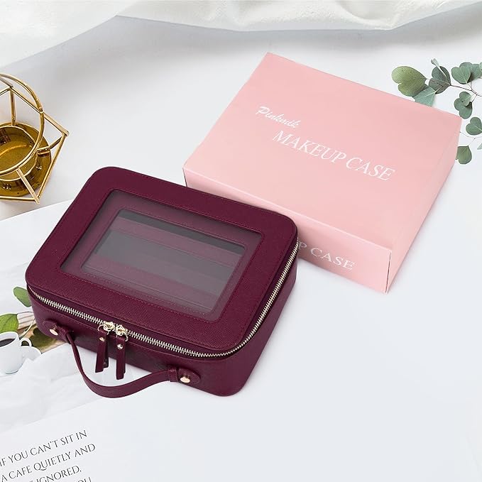 Pinkmik Clear Makeup Bag with Brush Bag 3pcs Waterproof Travel Case for Cosmetics and Toiletries Women's Makeup Organizer with Zipper (X/Burgundy, L+M+SLIM) - Image 7