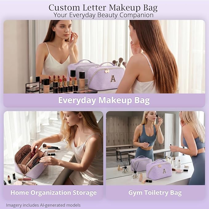 Personalized Gift Travel Makeup Bag: Initial Makeup Organizer Bag for Women | 3-in-1 Custom Make up Bag Set - Vegan Leather Travel Cosmetic Bag - Luxury Gift for Women – Birthday, Anniversary, Graduation - Image 9