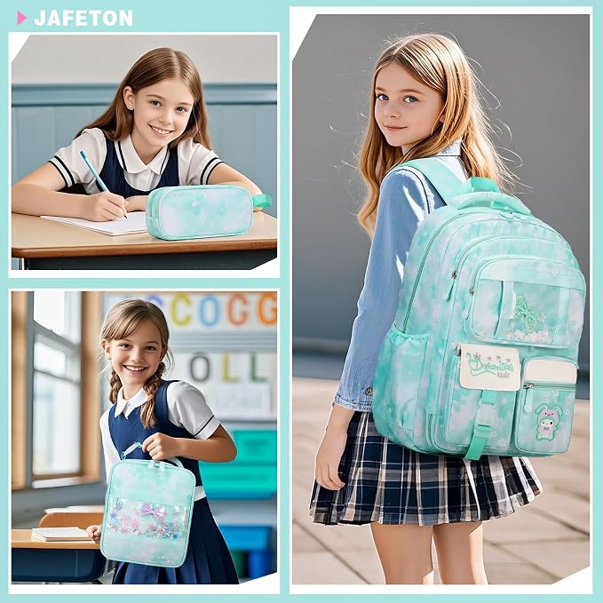 Jafeton Backpacks for Girls, Girls Backpack with Insulated Lunch Box and Pencil Case for Kids Teens Elementary Middle High School Student, Cute Bow School Bag Travel Daypacks Book Bag Set (Green) - Image 7