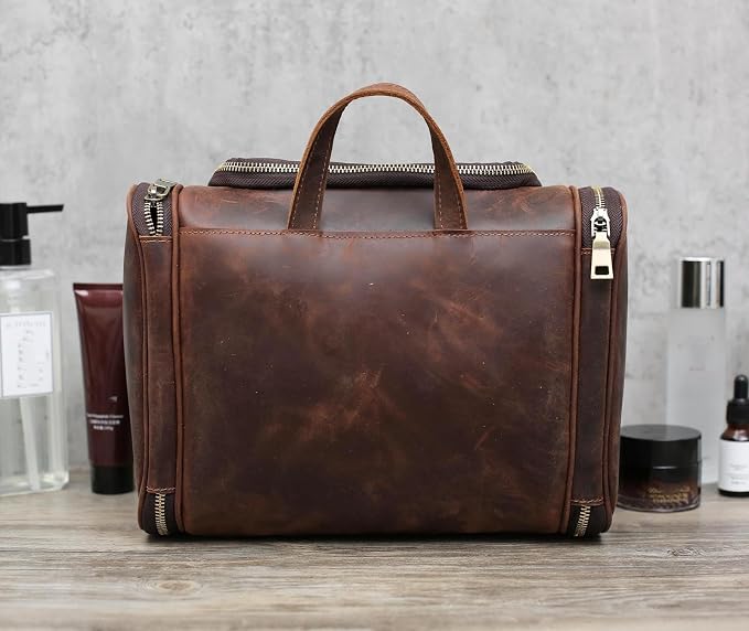 Toiletry Bag for Men Women, Travel Hanging Dopp Kit Organizer, Full Grain Leather Large Shaving Cosmetic Essentials, Gifts for Husband/Dad/Business Traveler, Fits Most Standard Bathroom Toiletries - Image 8