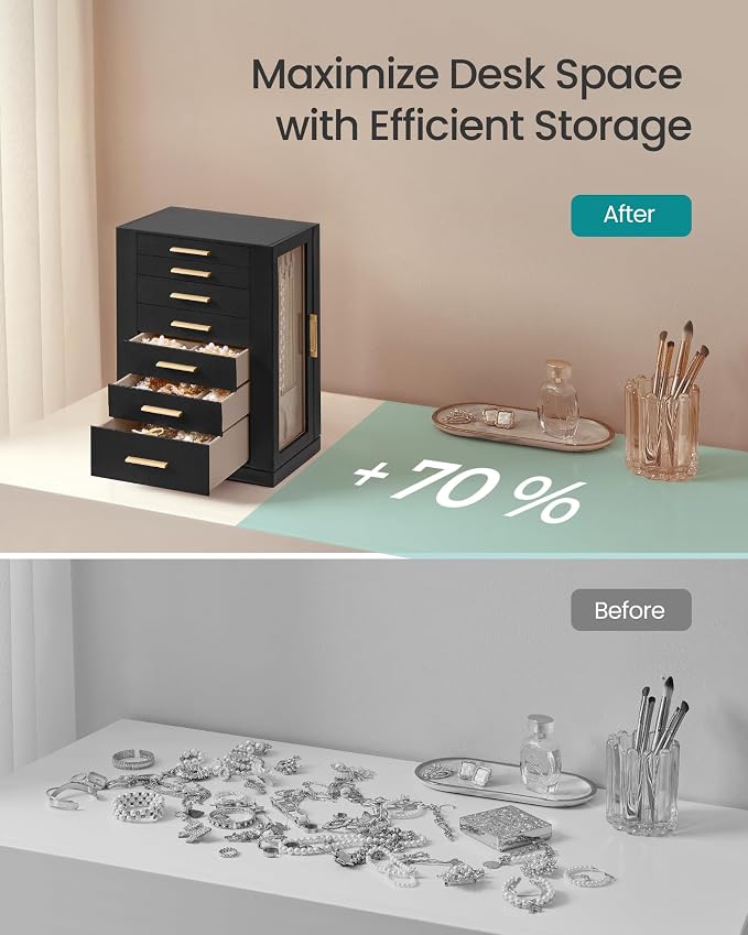 SONGMICS GISELLA Collection - Jewelry Box 360° Rotating, Jewelry Storage Case with 7 Drawers, Jewelry Organizer, Glass Window, Open Design, Great Gift, Ink Black UJBC201B01 - Image 6