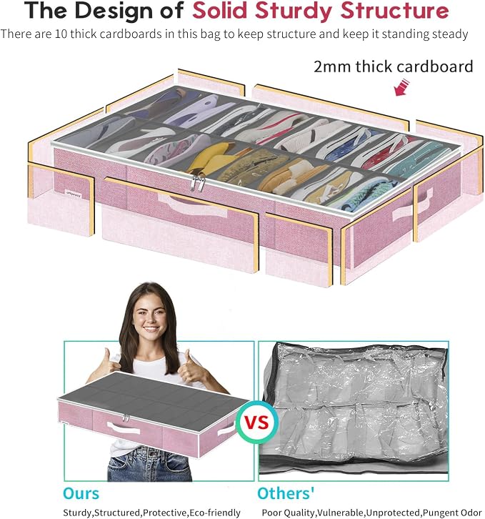 Onlyeasy Large Under Bed Shoe Organizer Container Box, Set of 2, Fit 16 to 32 Pairs of shoes, Underbed Shoes Closet Storage Solution, L37.7x W23.6x H5.9 inch, Cotton-like Pink, MXPUBS16P2 - Image 6
