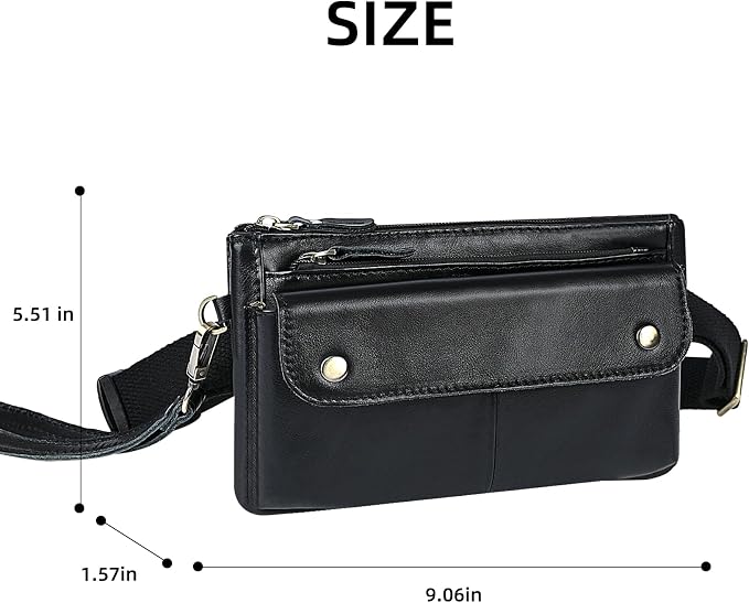 Water Resistant Canvas + Leather Hiking Riding Travel Fanny Waist Pack Small Phone Pouch For Men Women FB811-29 (100% Leather-The 8136 Black) - Image 7