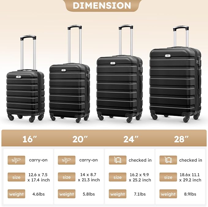 Suitour 4 Piece Luggage Sets, Hard Shell Suitcase Set with Spinner Wheels 16 20 24 28inch Travel Sets(Black) - Image 9