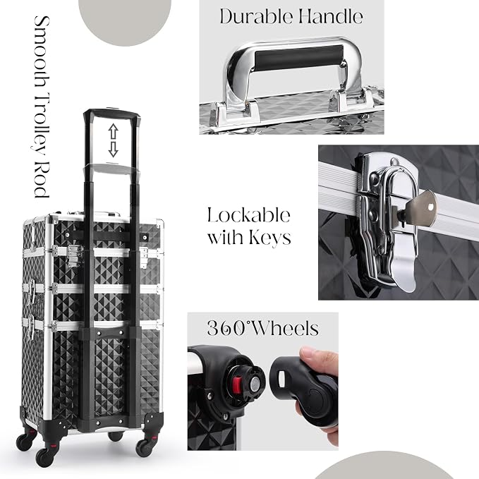 Faquenc Cosmetology Case on Wheels 3 in 1 Rolling Makeup Train Case Nail Tech Makeup Organizers Storage Cart Cosmetic Trolley Travel Barber Suitcase for Make up Artist Manicure Hair Lockable, Black - Image 8