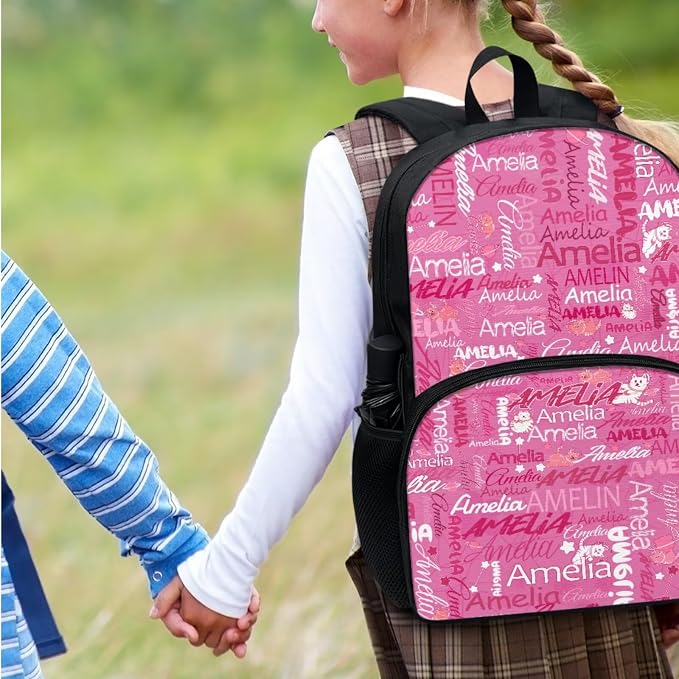 Cat Pink Art Name Design Custom School Backpack Book Bags for Girls Teens Bookbags Schoolbag Lunch Bag Water Bottle Pen Pouch Daypack Knapsack Rucksack Pencil Case for Back to School - Image 7