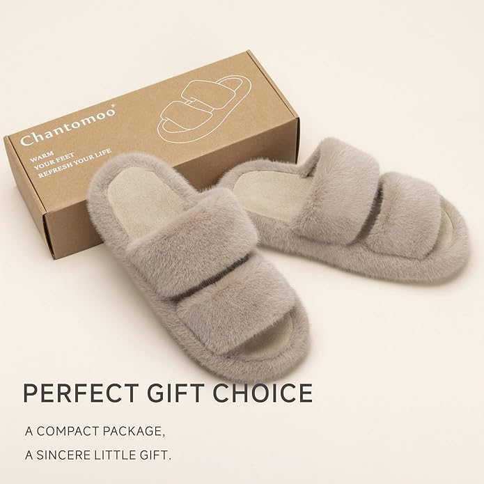 Chantomoo Women's Memory Foam Fuzzy Comfy Faux Fur House Shoes - Furry Bedroom Indoor Open Toe Slippers with Two Bands - Trendy Gift Slippers