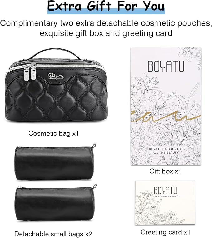 BOYATU Travel Makeup Bags for Women Cosmetic Bag: Puffy Make up Bags Set of 3 - Vegan Leather Makeup Organizer - Waterproof Large Toiletry Bag with Compartments - Travel Essentials (H-1-Black) - Image 8