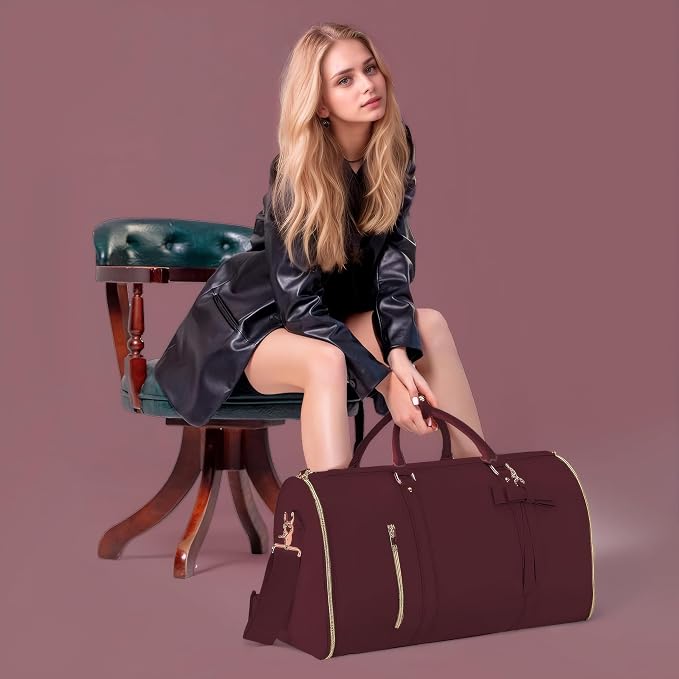 Garment Bags for Travel, Convertible Suit Travel Bag for Women, Stylish Carry On Garment Bag with Toiletry Pocket, Shoulder Strap and Shoes Compartment, 2 in 1 Foldable PU Leather Duffle Bag, Sangria - Image 8