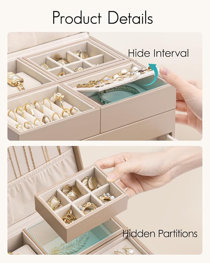 VLANDO 3 Layer Jewelry Box - Women Jewelry Box with Retractable Tray - Jewelry Organizers with Drawer for Necklaces, Rings, Bracelets, Earrings, Gift for Couples Mom Girls - Toffee - Image 7