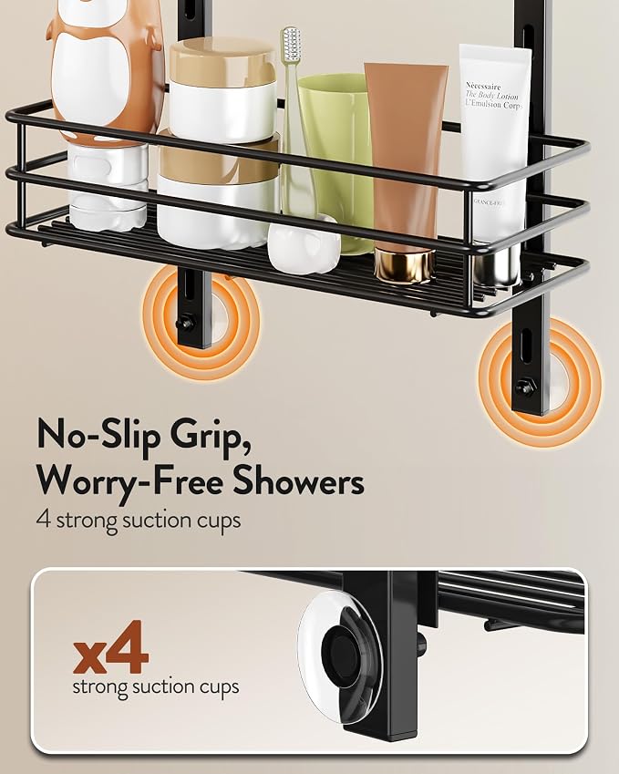 Orimade Over the Door Shower Caddy Adjustable 5 Tier Black,Bathroom Hanging Organizer Shelf Rustproof with 4 Hooks,Shower Basket with Soap Holder and Suction Cup - Image 9