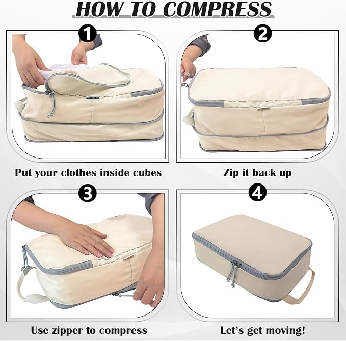 Large Compression Packing Cubes for Travel, 2 Set Compression Bags Travel Cubes for Packing Suitcase Luggage Organizer, Beige - Image 6