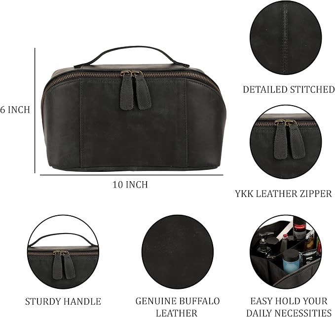 KomalC Luxury Leather Men’s Toiletry Travel Bag – Handmade Shaving Kit with Waterproof Interior, Spacious Storage & Carry Handle – leather travel Kit Bag for Men & Women (Black) - Image 8