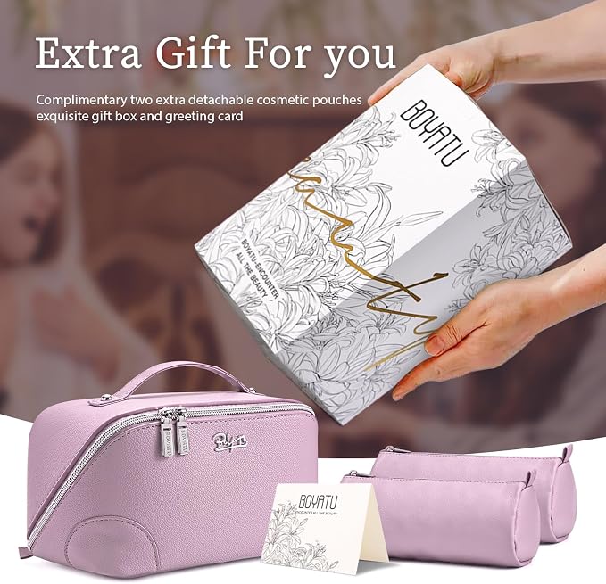BOYATU Travel Makeup Bag Cosmetic Bags for Women: 3 Pcs Set Large Capacity Make up Bag with Handle - Waterproof Vegan Leather Toiletry Bags Travel Essentials with Compartments(C-4-Purple) - Image 6