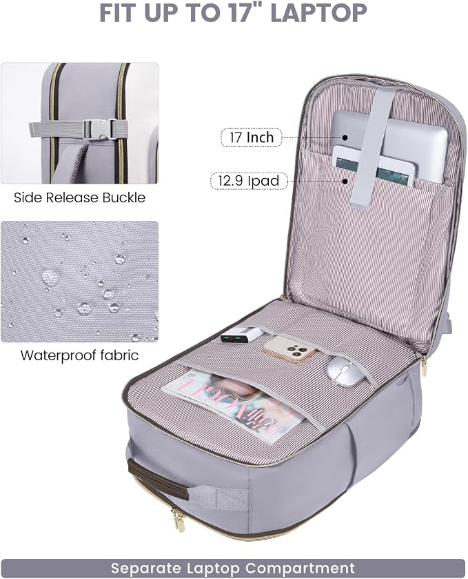 LOVEVOOK Large Travel Backpack for Women & Men, 40L Carry on Backpack for Airplanes, TSA Personal Item Travel Bag fits 17" Laptop, Waterproof Travel Essentials Airline Approved with 3 Packing Cubes - Image 9
