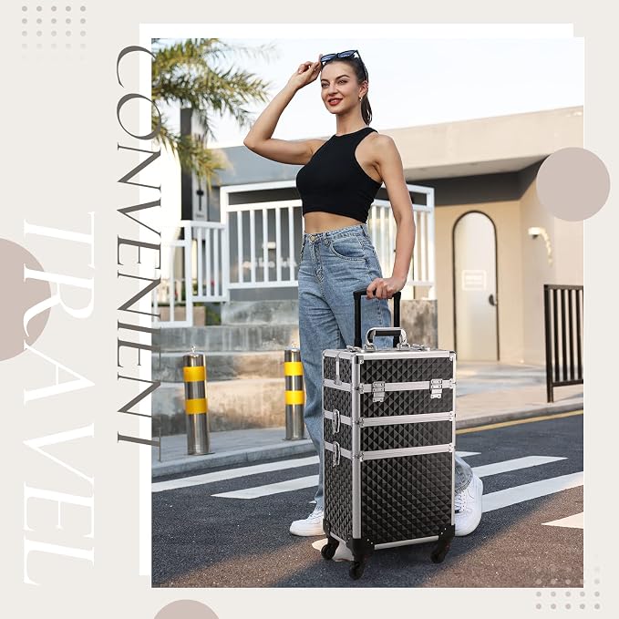 3 in 1 Professional Rolling Makeup Train Case Aluminum Trolley Case with 360° Rotation Wheels for Makuep Artist Cosmetic Suitcase Organizer with Lock and Key Diamond Pattern - Black - Image 7