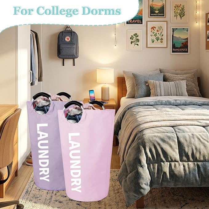 WOOHA Collapsible Laundry Hamper, 95L Large Laundry Basket with Handle, 600D Oxford Fabric Dirty Clothes Hamper, Standing Clothes Basket for Bathroom, Dorm, Laundry Room, Pink+Purple - Image 8