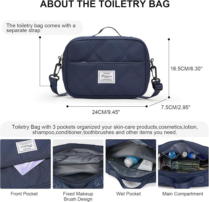 Weekender Bags for Women,Personal Item Travel Bag with Shoes Compartment,Overnight Travel Duffel Bag with Quilted Toiletry Bag,Dark Blue - Image 7