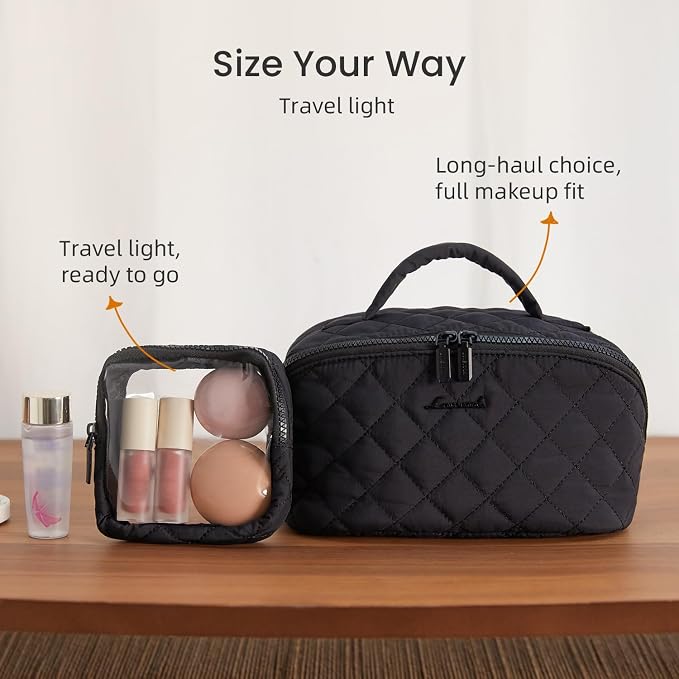 LOVEVOOK Travel Makeup Bag for Women, 2Pcs Puffer Waterproof Cosmetic Organizer, Large Capacity Pouch Open Flat Small Toiletry Bag with Brush Compartment & Handle (Black, Medium) - Image 6