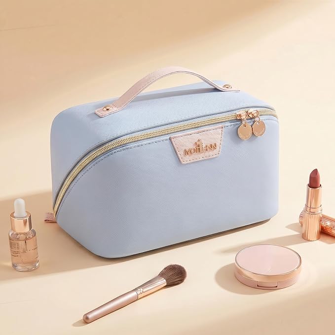 Travel Makeup Bag for Women: 3-in-1 Large Capacity Cosmetics Organizer with 2 Detachable Pouch - Vegan Leather Flat Open Toiletry Bag - Travel Essentials for Full-Sized Bottles(Light Blue) - Image 9