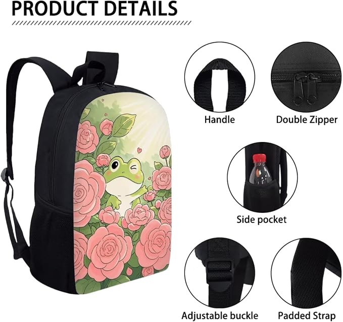 Forchrinse Frog Rose Backpack for Girls 6-8 8-10 Cute Kids Backpack with Lunch Box Pencil Case 3 in 1 Bookbag for Kindergarten Elementary Primary Schoolbag - Image 7