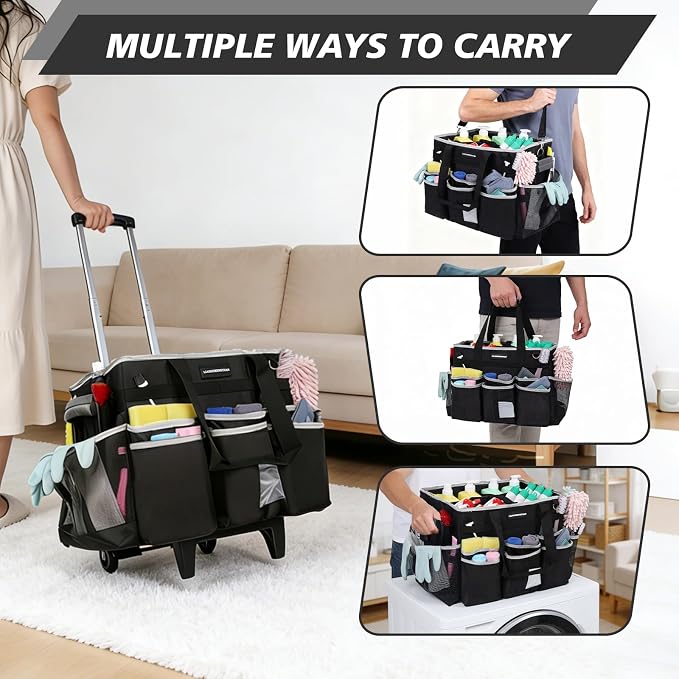 Large Rolling Cleaning Caddy Bag, Cleaning Caddy with Wheels with Detachable Trolley for Housekeepers, Water Resistant Cleaner Supplies Organizer with Wheels for Kitchen, Car, Picnic (Black-Grey) - Image 7