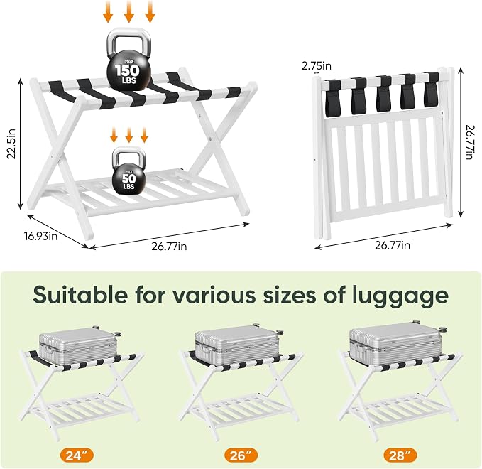 Smart FENDEE 2 Packs Fully Assembled Luggage Racks with Shoe Shelf, Suitcase Stand with Fold & Lock System, Bamboo Luggage Stand Ideal for Guest Room, Bedroom, Hotel, White - Image 8