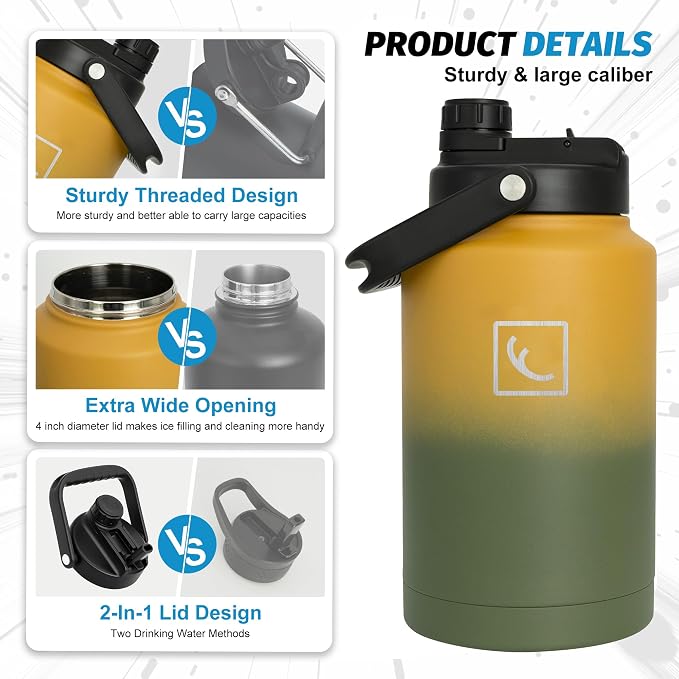 NATURE PIONEOR 1 Gallon (128oz) Insulated Water Bottle Jug with Carrier Bag | 18/8 Food-grade Stainless Steel, Double Vacuum Insulation, Wide-Mouth, Straw & Spout Lid, Strap, Camping, Hiking, Gym, Work - Image 9